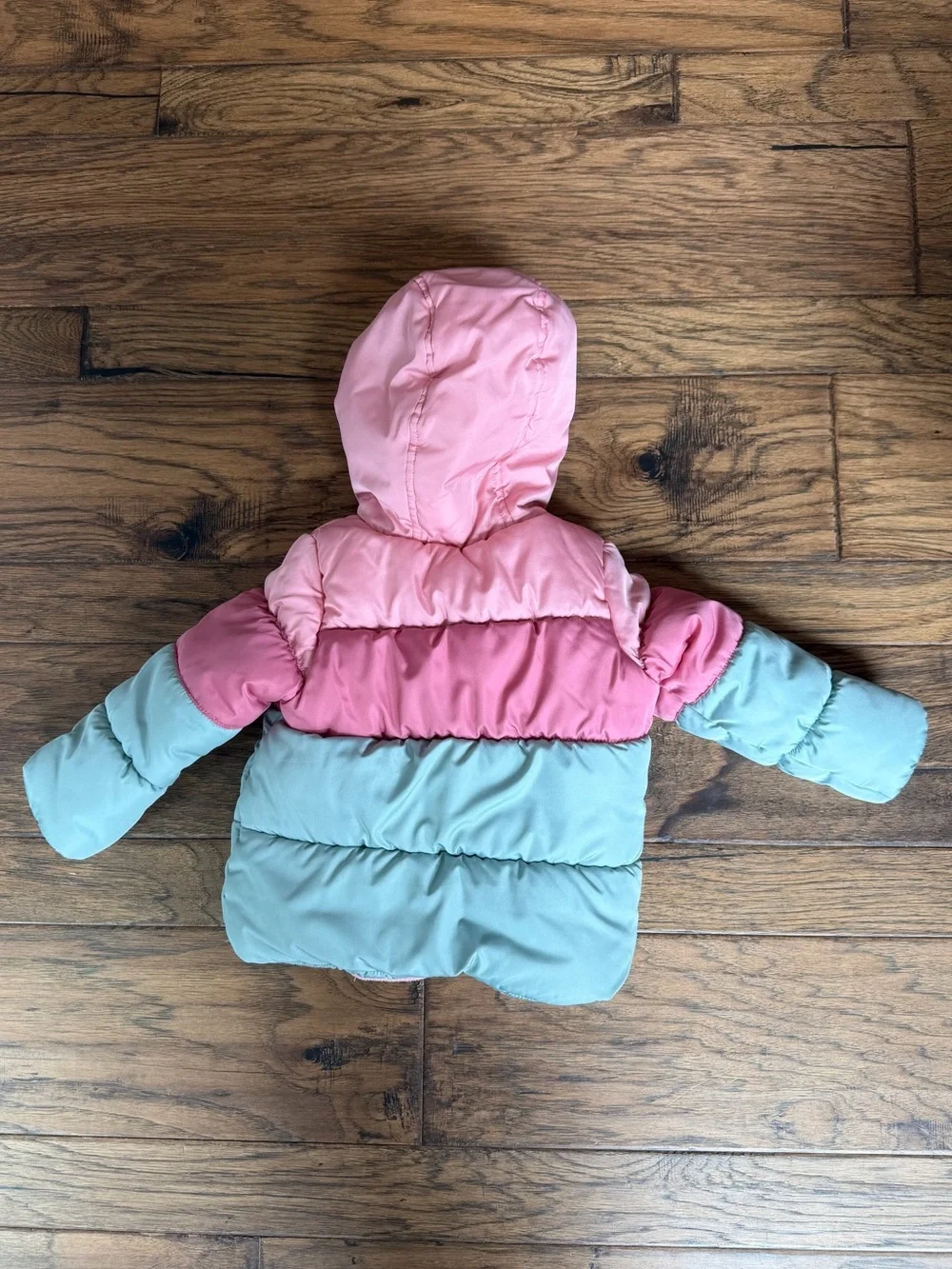 Toddler Two-Tone Pink and Light Green Puffer Jacket with Matching Snow Bibs